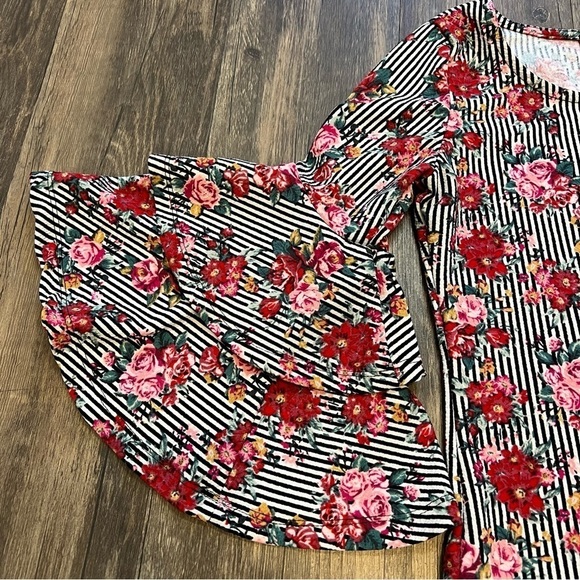 Hot Kiss Floral Fitted Sweetheart Neck Double Ruffled Bell 1/4 Long Sleeves S - Picture 3 of 8